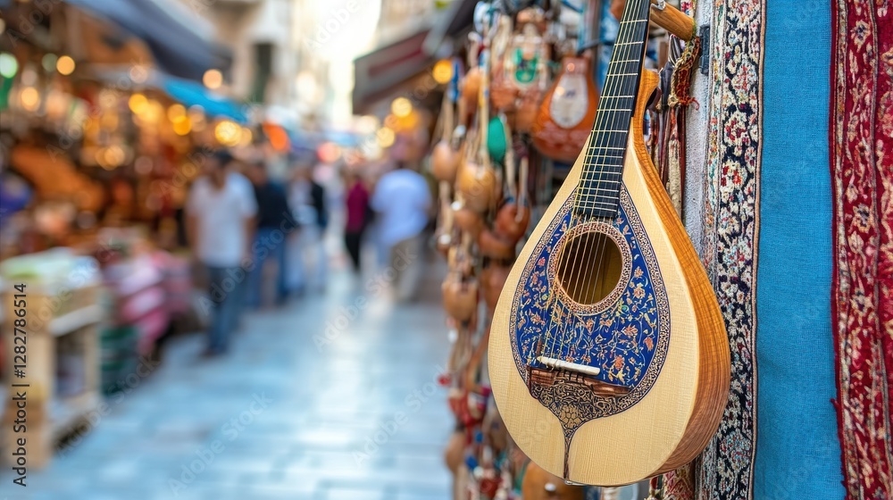 Obraz premium Traditional String Instrument in Colorful Market Stall Setting