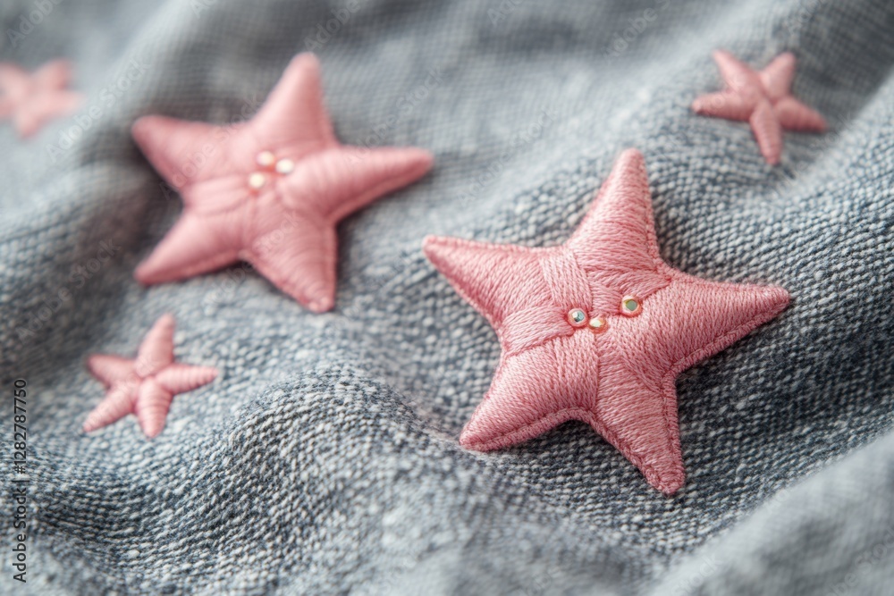 Simple and elegant pink star embroidery on a light blue denim fabric, close-up shot highlighting the soft texture and delicate stitchwork for creative design projects Simple and elegant pink star embroidery on a light blue denim fabric, close-up shot highlighting the soft texture and delicate stitchwork for creative design projects