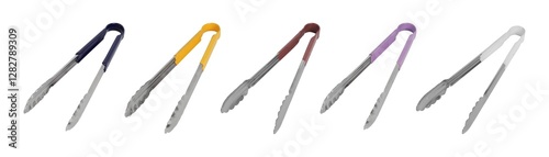 Set of color steel kitchen tongs on a white background