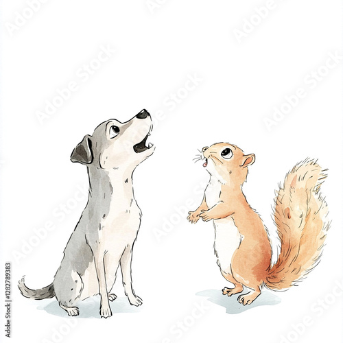 Dog Barks At Squirrel In Minimal Isolated Scene Capturing The Playful Interaction Between A Curious Canine And A Small Rodent In A Natural Setting Perfect For Animal Lovers