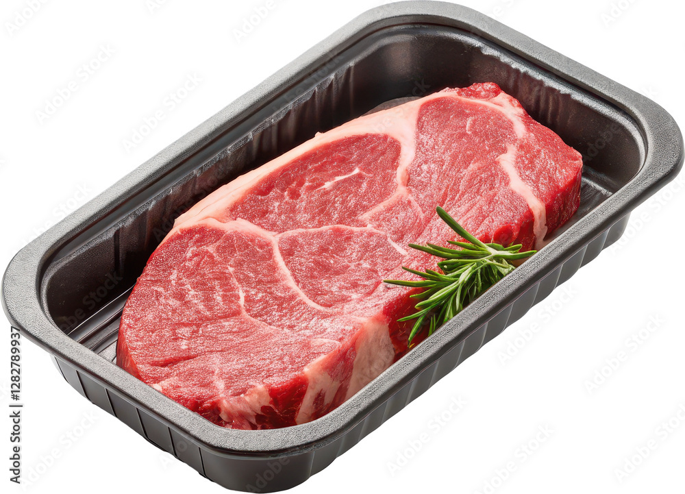 Packaged Raw Beef Steak with Fresh Rosemary on Meat Tray Packaged Raw Beef Steak with Fresh Rosemary on Meat Tray