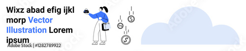 Woman holding a clipboard while catching coins falling in sync. Ideal for business, finance, economy, technology, innovation, investments, modern concepts, flat landing page banner