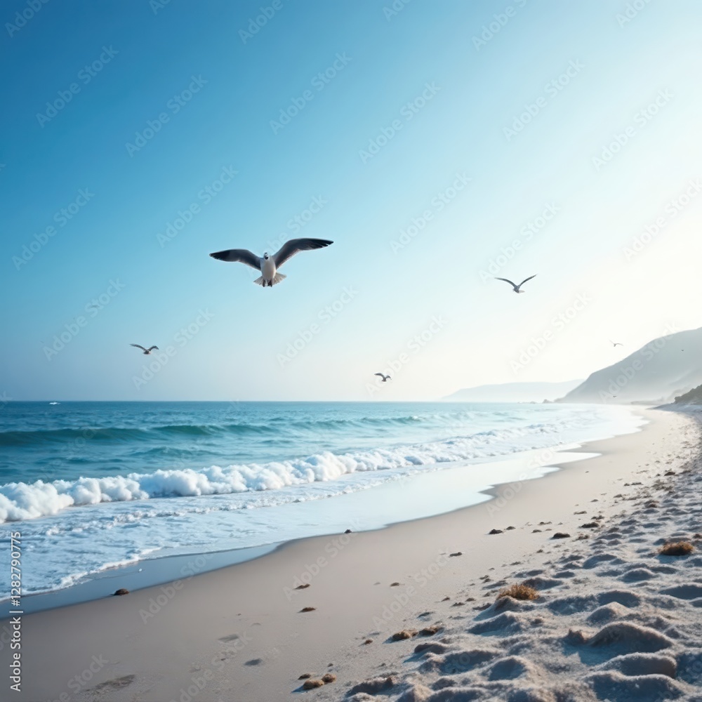 Fototapeta premium Frosty beach landscape with seagulls flying overhead, icy, frosty