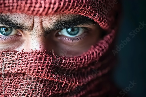 Intense gaze of a man partially covered by a red cloth, close-up portrait against a dark background, possibly for a thriller movie poster or news article about conflict photo