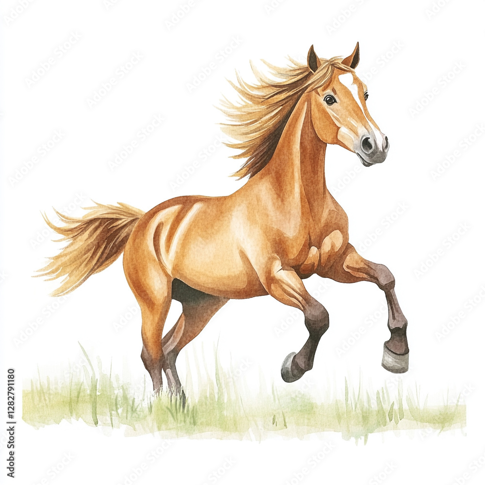 Naklejka premium A Majestic Horse Gallops Freely Across a Lush Green Field Capturing the Essence of Nature's Beauty in a Minimalist Isolated Setting Perfect for Nature and Animal Lovers