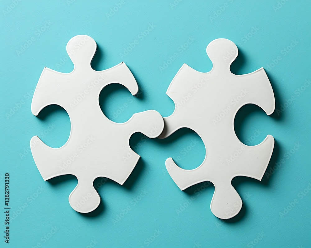 Two white puzzle pieces, light blue background, solution concept Two white puzzle pieces, light blue background, solution concept