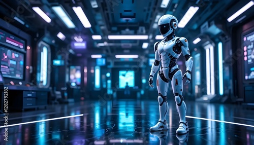 Wallpaper Mural Futuristic Humanoid Robot Standing In High-Tech Sci-Fi Laboratory With Neon Lights And Advanced Technology Torontodigital.ca