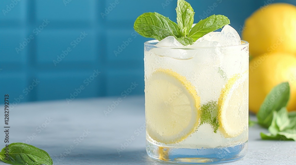 Fototapeta premium Refreshing Lemon Mint Iced Drink on a Light Gray Table