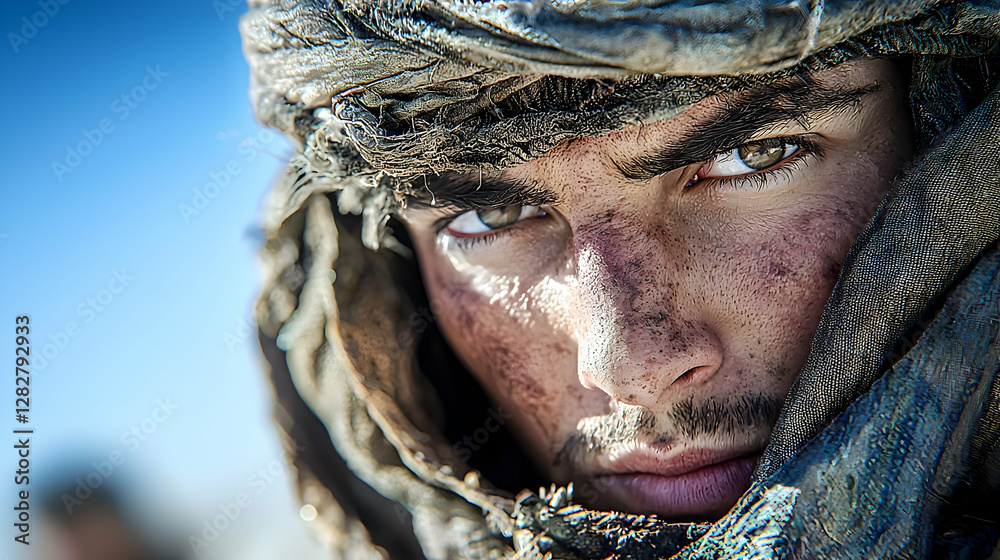 Intense gaze of a young man in traditional desert attire, against a bright blue sky, possibly from a film or documentary, suitable for travel or adventure themes Intense gaze of a young man in traditional desert attire, against a bright blue sky, possibly from a film or documentary, suitable for travel or adventure themes