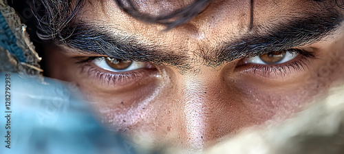 Intense gaze of a young man peering from behind a fabric, desert background, potential use for film, thriller, or suspense photo