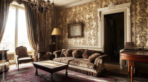 A tapestry of faded elegance, where intricate damask patterns, reminiscent of bygone eras, adorned the walls, inviting the eye to wander through a realm of timeless charm. photo