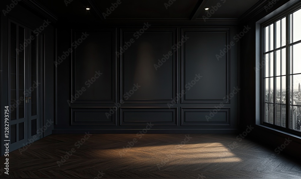 Dark room, city view, wood floor, empty, paneling, sunlight, interior, design, mockup Dark room, city view, wood floor, empty, paneling, sunlight, interior, design, mockup