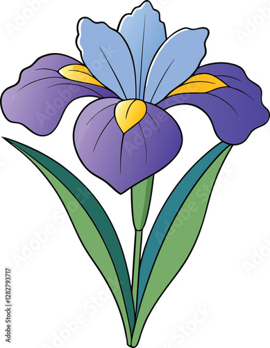 Iris flower vector illustration, vibrant iris blooms, purple and yellow iris, botanical art, floral clipart, spring flowers, elegant nature design, digital floral art.