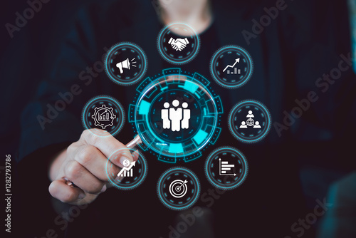Digital interface illustrating human resource management with business icons, symbolizing modern workplace efficiency and strategy.