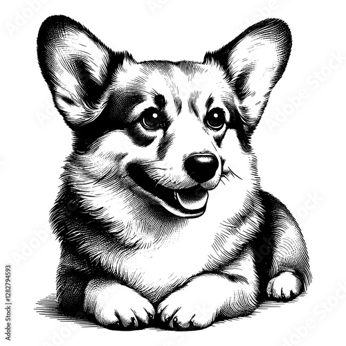 Line art drawing of Pembroke Welsh Corgi dog's ink sketch vector hand drawn illustration background