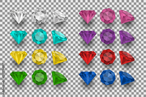 Gemstones of different colors from different angles. Vector design. 