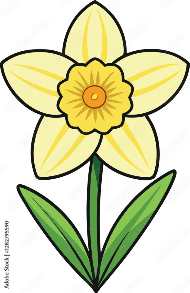 Daffodil flower vector illustration, bright yellow petals, spring bloom, floral design, botanical art, isolated on white background, nature-inspired, hand-drawn clipart. Daffodil flower vector illustration, bright yellow petals, spring bloom, floral design, botanical art, isolated on white background, nature-inspired, hand-drawn clipart.