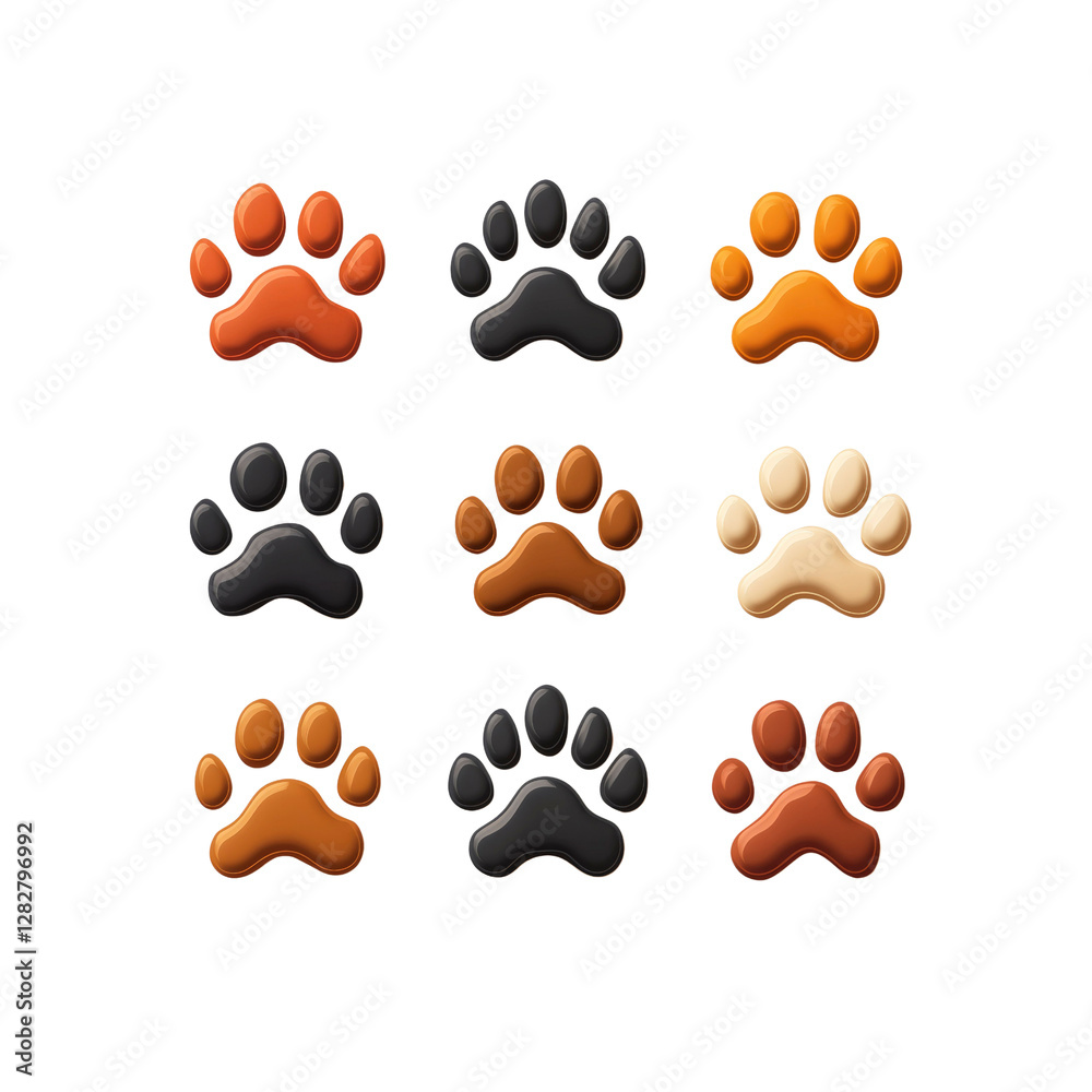 Fototapeta premium Nine Colorful 3D Paw Prints - Animal Tracks Set