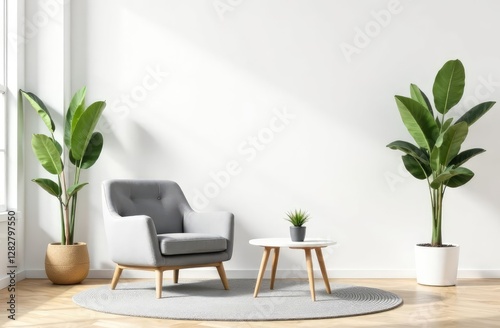 Modern interior design with light empty mock-up wall and gray furniture, loft and vintage of living room. Armchair, table with green plant in pot, round carpet on floor, on white wall background
