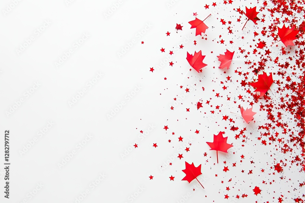 Fototapeta premium 3 red and white Canadian flags with small star-shaped confetti on a pure white background, minimalistic in style. --ar 3:2 --v 6.1 Job ID: 23905219-2e13-4814-b70d-d5cadbcf55c1