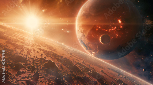Earth Engulfed in Scorching Flames A Dramatic Depiction of the Severity of Global Warming
Dramatic fantastic background - exploding red planet approaching planet Earth, end of world, red glowing sun.
