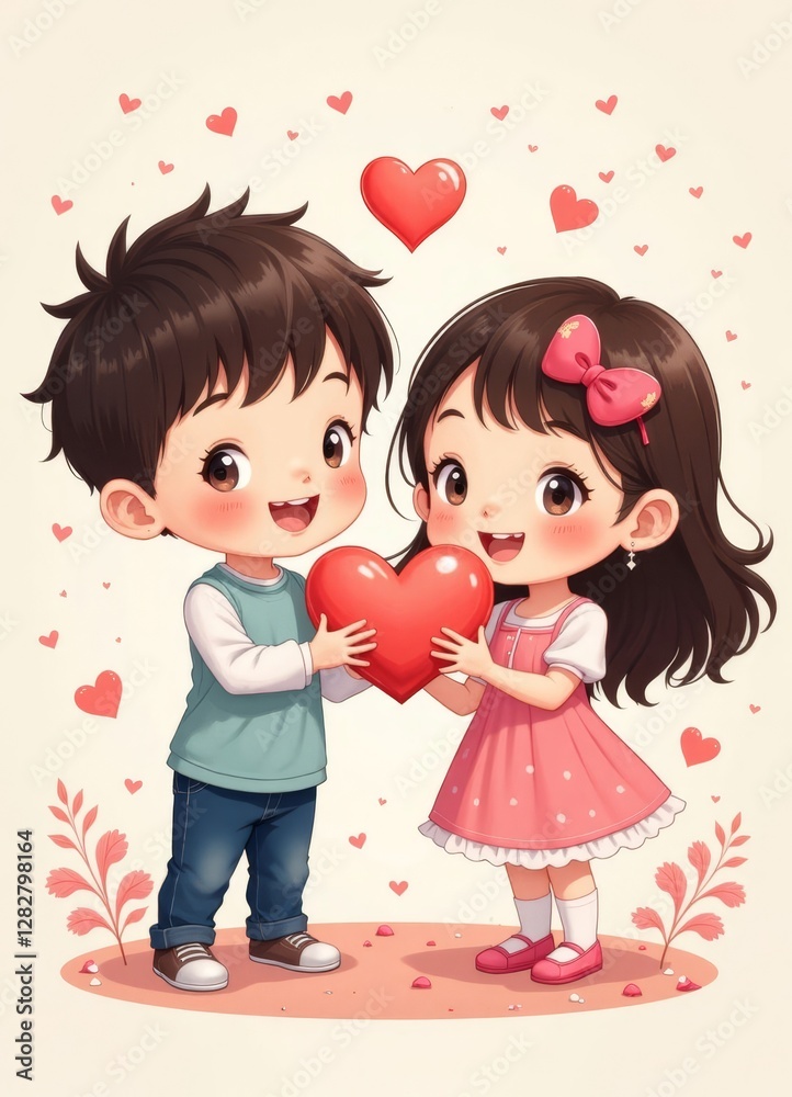 Cartoon Boy and Girl Sharing Heart for Valentine's Day Cartoon Boy and Girl Sharing Heart for Valentine's Day