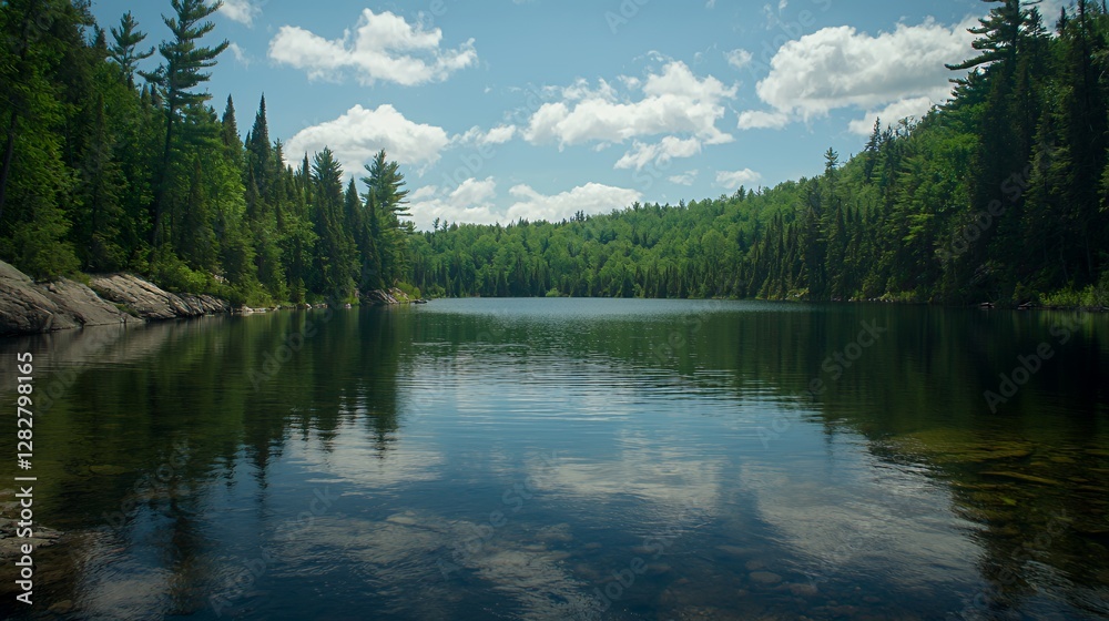 Naklejka premium Serene Summer Lake in a Lush Green Forest