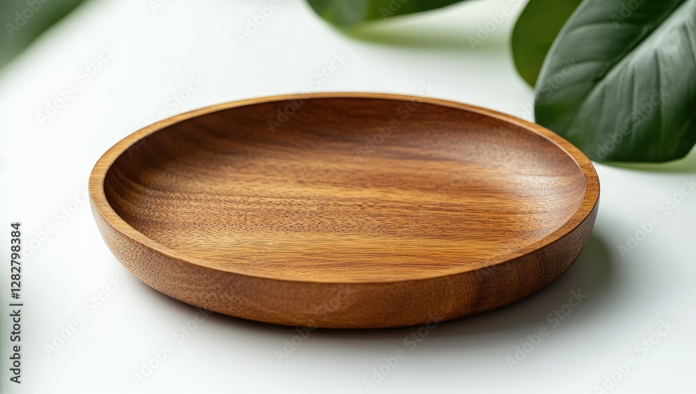 Empty wooden bowl, white background, green leaves, food photography Empty wooden bowl, white background, green leaves, food photography