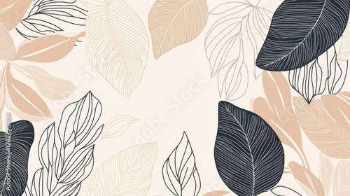 Fototapeta Naklejka Na Ścianę i Meble -  Abstract foliage line art vector background. Leaf wallpaper of tropical leaves, leaf branch, plants in hand drawn pattern. Botanical jungle illustrated for banner, prints, decoration, fabric.