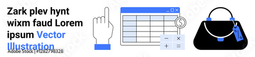 Hand gesture, spreadsheet with dollar symbol, calculator, and shopping bag emphasizing budgeting, finance management, analytics, retail, shopping planning and expense tracking. Ideal for flat