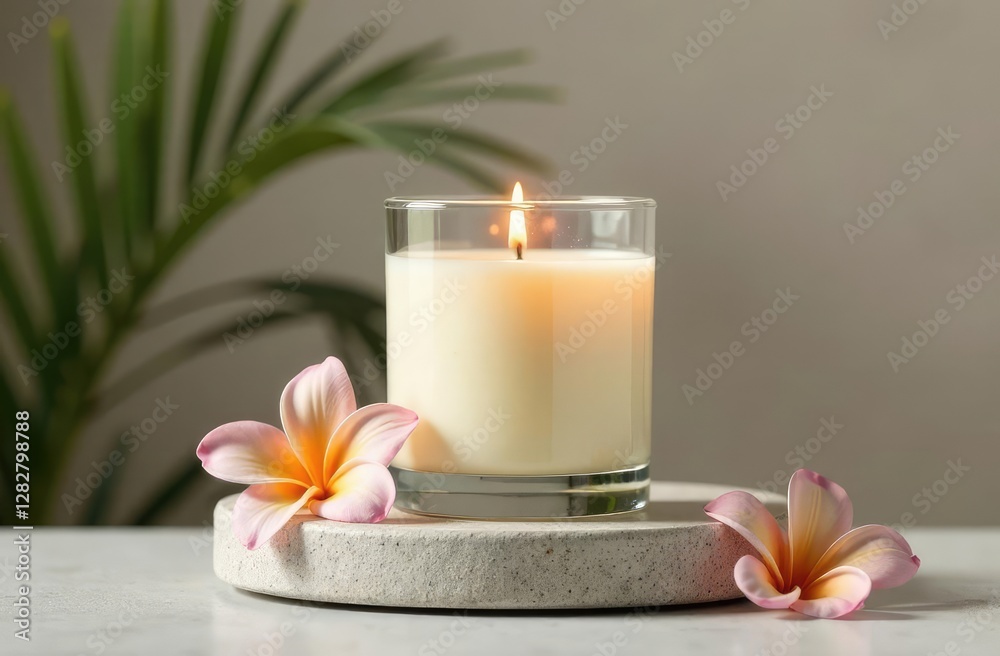 Composition with aromatic candle in jar on concrete podium. Mockup soy wax candle in natural style with flower. Scented handmade candle with wick. Handmade spa product from soy wax in glass Composition with aromatic candle in jar on concrete podium. Mockup soy wax candle in natural style with flower. Scented handmade candle with wick. Handmade spa product from soy wax in glass