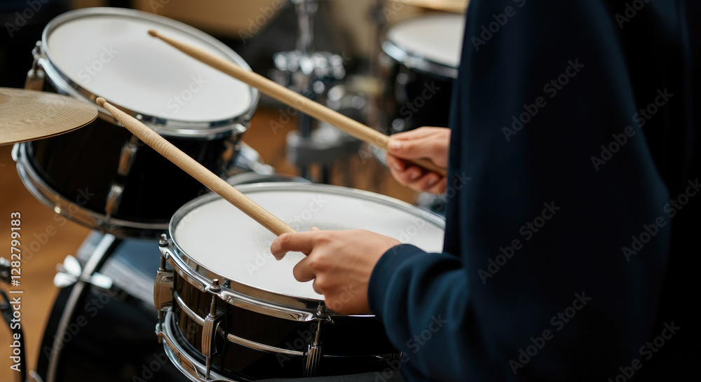 Person playing drums with drumsticks, close-up shot in studio setting Person playing drums with drumsticks, close-up shot in studio setting