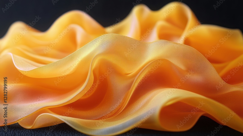 Fototapeta premium Amber silk waves on dark backdrop, flowing texture, fabric design