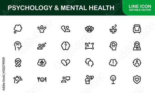 Psychology and Mental Health Icons Set. Essential Icons for Therapy, Counseling, and Mental Wellness