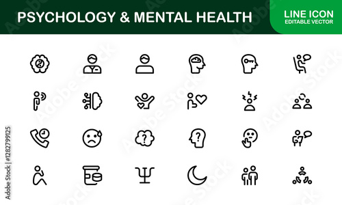 Psychology and Mental Health Icons Set. Essential Icons for Therapy, Counseling, and Mental Wellness