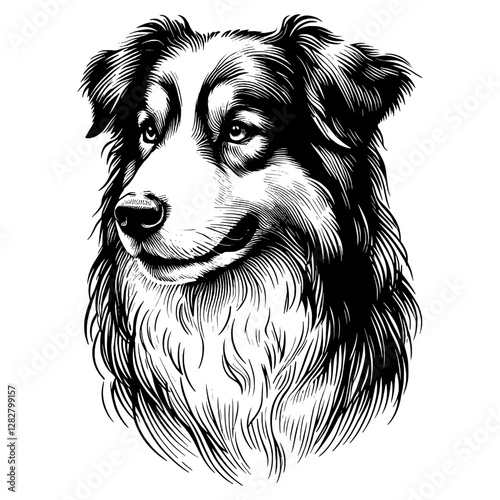 Line art drawing of Australian Shepherd dog's ink sketch vector hand drawn illustration background