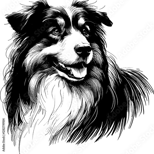 Line art drawing of Australian Shepherd dog's ink sketch vector hand drawn illustration background