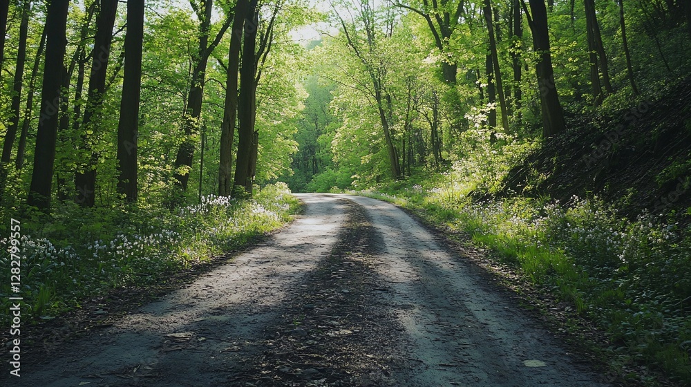 Fototapeta premium Sunlit Forest Path Winding Through Lush Green Trees