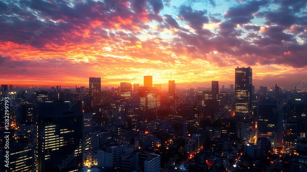 Fototapeta premium Tokyo Skyline at Sunset: A Vibrant Panorama of City Lights and Fiery Skies