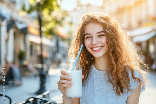 Happy teenage girl drinking milk outdoors.