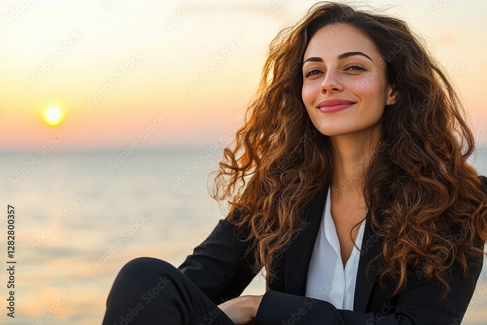 Smiling Woman in Black Suit Enjoying a Sunset by the Sea Smiling Woman in Black Suit Enjoying a Sunset by the Sea