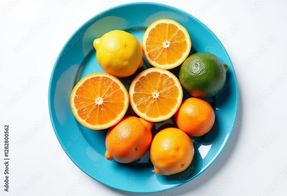 Citrus Fruits: Orange Halves, Mandarins, Lemon, Lime on Blue Plate Citrus Fruits: Orange Halves, Mandarins, Lemon, Lime on Blue Plate