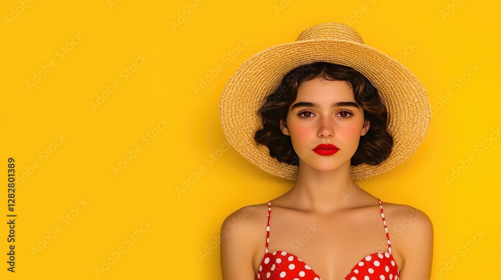 Chic Woman in Polka Dot Dress and Straw Hat Against Bright Yellow Background Chic Woman in Polka Dot Dress and Straw Hat Against Bright Yellow Background