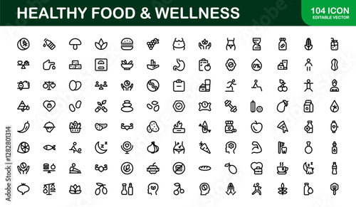 Healthy Food and Wellness Icons Set. Essential Icons for Healthy Eating, Nutrition, and Wellness Lifestyle