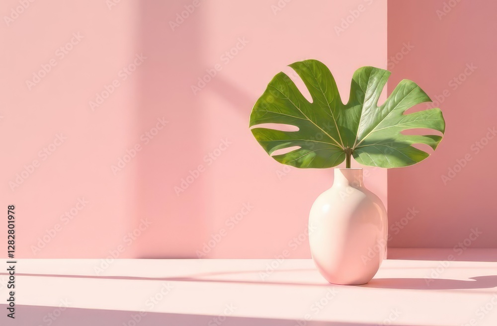custom made wallpaper toronto digitalGreen leaf and vase minimal summer or spring still life on pastel pink table. Sunlight, hard shadow. Floral, interior, nature concept