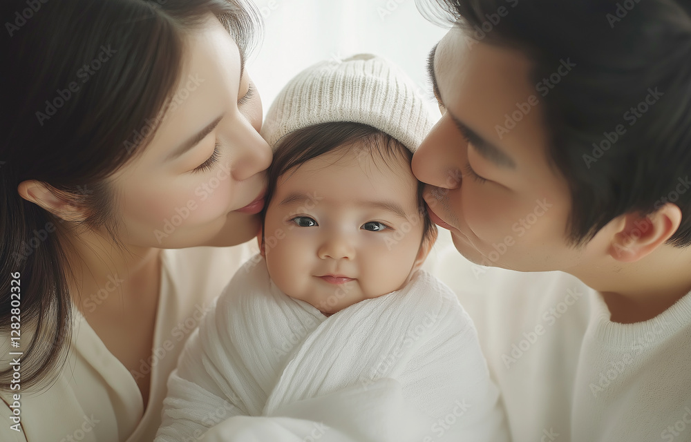침대 위에서 어린애기을 옆에 두고 엄마와 아빠가 뽀뽀를 하고 행복해한다.
Mom and Dad kiss and are happy on the bed with their baby next to them. 침대 위에서 어린애기을 옆에 두고 엄마와 아빠가 뽀뽀를 하고 행복해한다.
Mom and Dad kiss and are happy on the bed with their baby next to them.