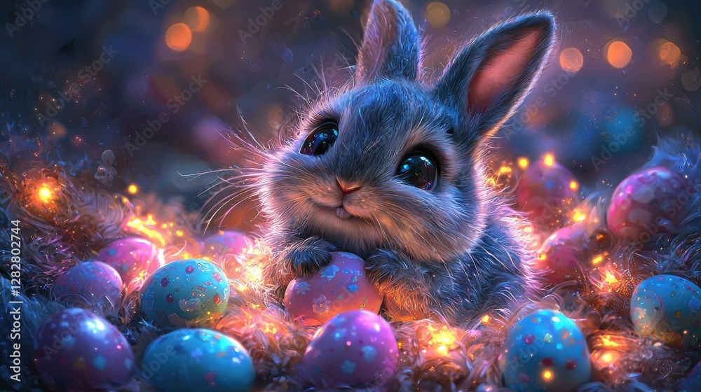 The symbolic concept of the easter bunny. A cute rabbit surrounded by colorful Easter eggs and twinkling lights. The symbolic concept of the easter bunny. A cute rabbit surrounded by colorful Easter eggs and twinkling lights.