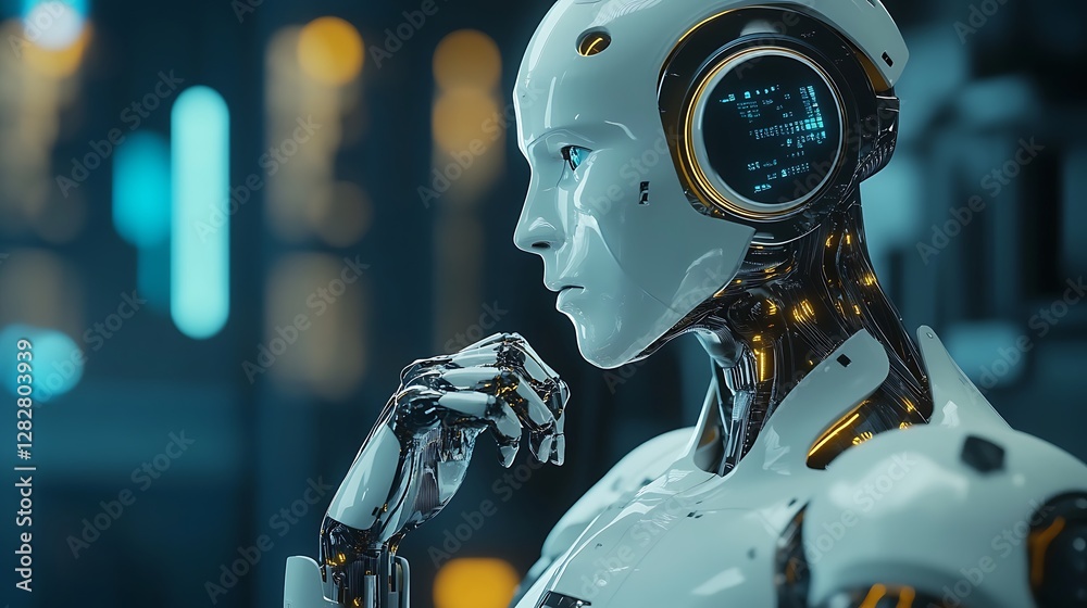 Fototapeta premium Contemplative AI: A Futuristic Robot in Thought