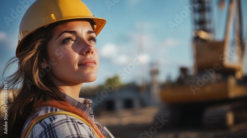 A determined and skilled female construction engineer, her face etched with the wisdom of experience, surveys the construction site, her hardhat a testament to her dedication and expertise.