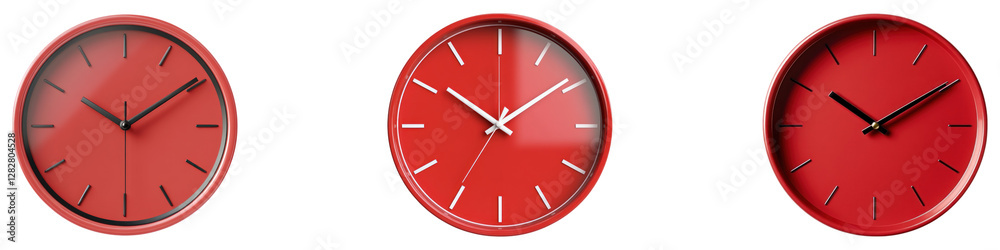 Red wall clock isolated on transparent background, PNG, Set of Red wall clock isolated on transparent background, PNG, Set of